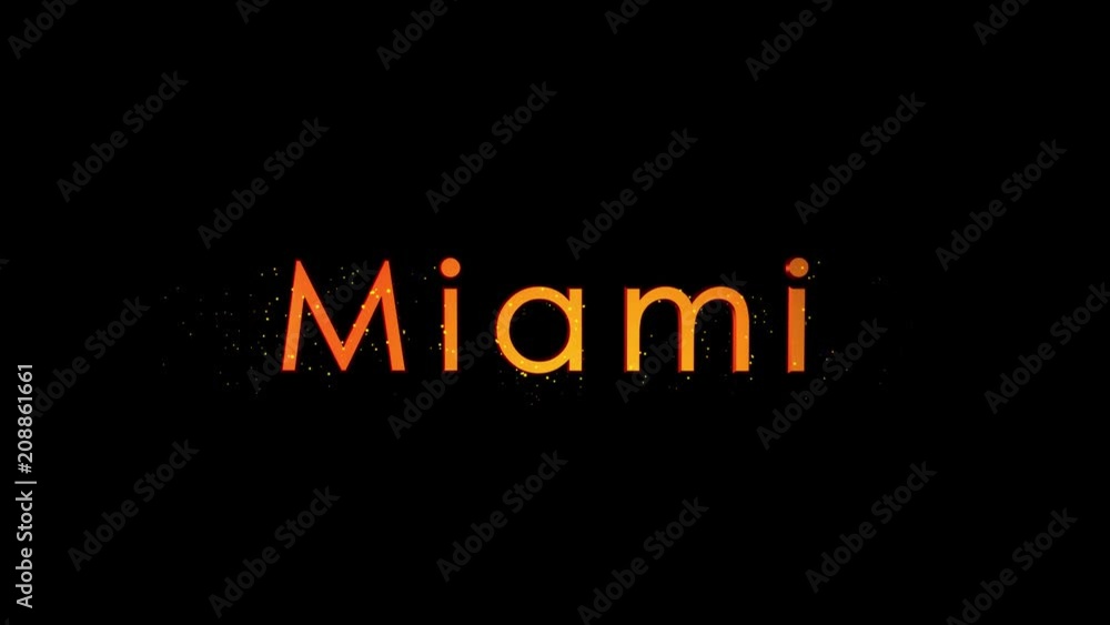“Miami” Text Animation. Reflective letters track inward with particles. Tourist Destination Title “Miami” Text Animation. Reflective letters track inward with particles. Tourist Destination Title