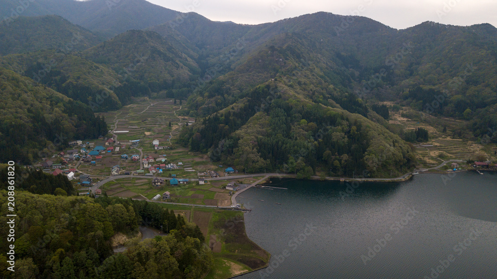 aerial view of lake Nojiri in Nagano Japan