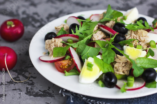 Nicoise salad with tuna, egg, cherry tomatoes and black olives on grey dark background