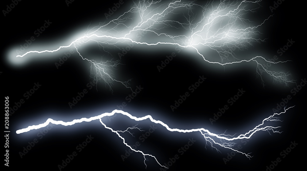 Set of lightings. Illustration of realistic lighting thunderbolt on black background. Summer thunder storm