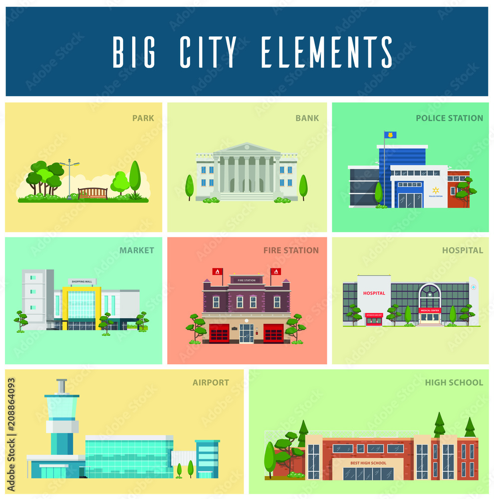 City infographics background and elements, there are village, building, park, Can be used for web design, info chart, brochure template.