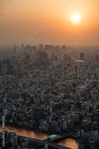 Tokyo city skyline sunset with skyscrapers