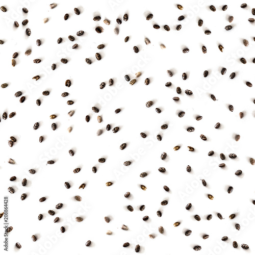 Chia Seed Pattern. Chia seeds isolated on white background. Closeup. Top view.