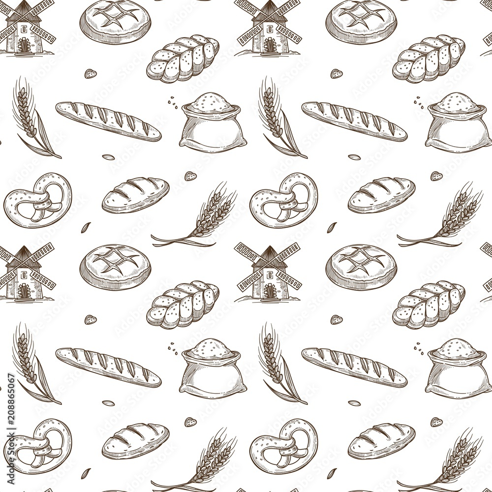 Bakery products, old mill and fresh spikes inside seamless pattern Bakery products, old mill and fresh spikes inside seamless pattern
