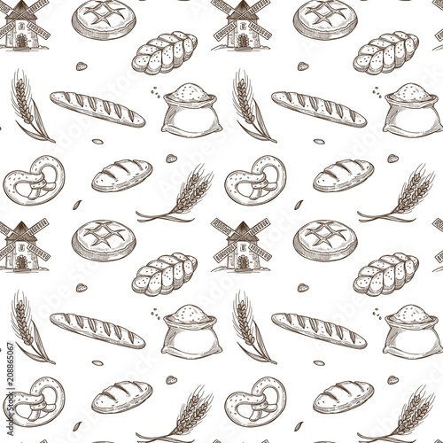 Bakery products, old mill and fresh spikes inside seamless pattern