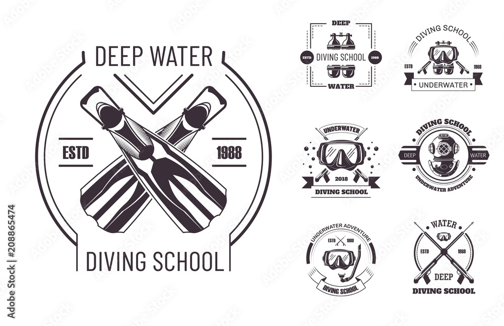 Diving school deep water promo monochrome emblems set Diving school deep water promo monochrome emblems set
