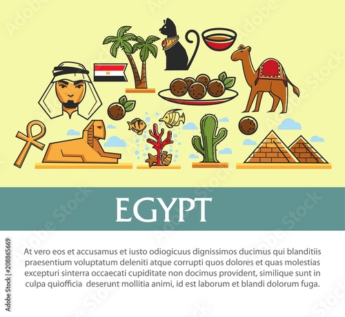 Egypt travel symbols and vector tourism landmarks