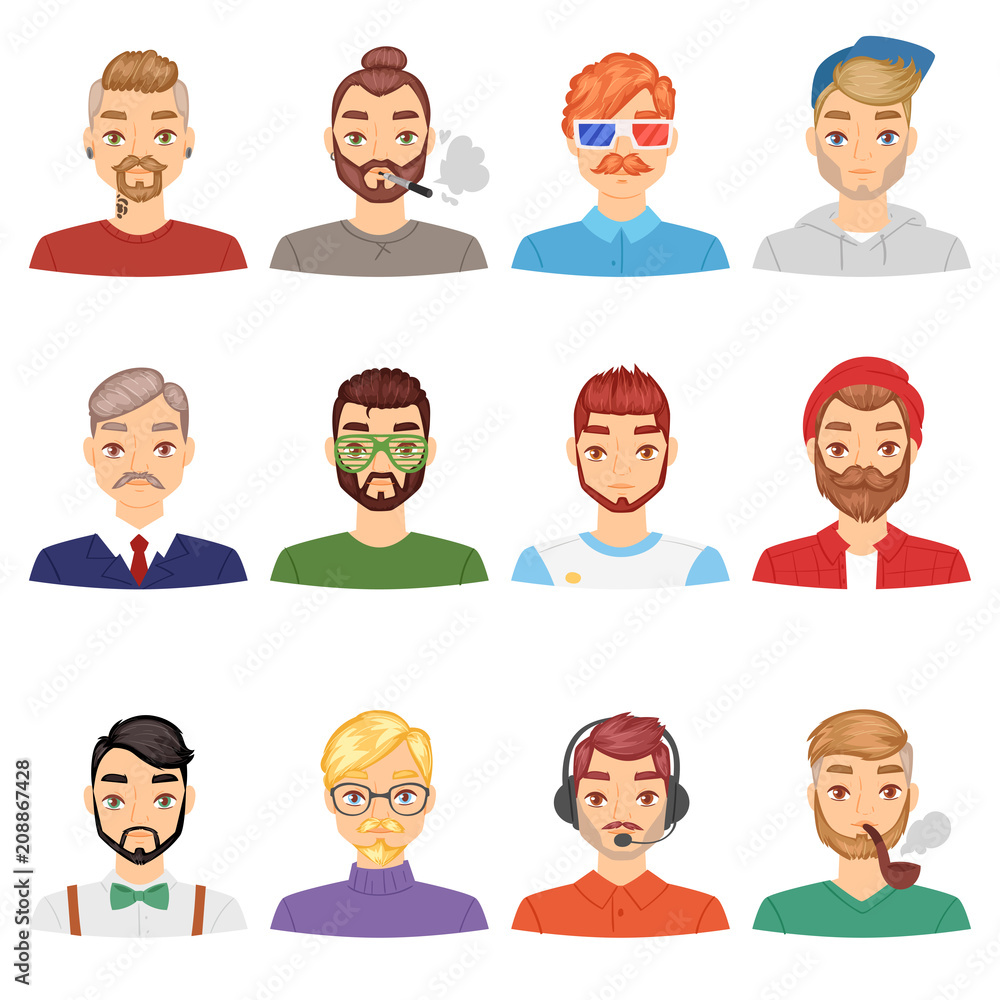 Beards vector portraite of bearded man with male haircut in barbershop and barbed mustache on hipsters face illustration set of people with barber hairstyle isolated on white background Beards vector portraite of bearded man with male haircut in barbershop and barbed mustache on hipsters face illustration set of people with barber hairstyle isolated on white background