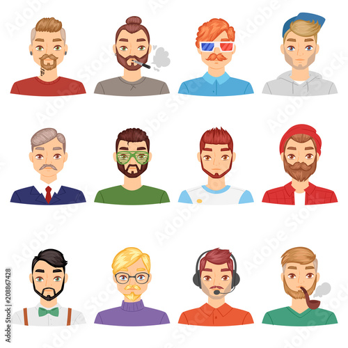 Beards vector portraite of bearded man with male haircut in barbershop and barbed mustache on hipsters face illustration set of people with barber hairstyle isolated on white background