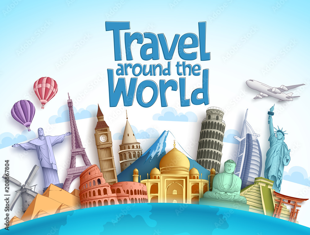 Travel around the world vector design with famous landmarks and tourist  destination of different countries and places in blue background. Vector  illustration. Stock Vector | Adobe Stock