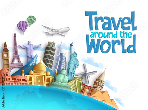 Travel around the world vector background and template with famous landmarks and tourist destination elements for travel and tour design. Vector illustration.
