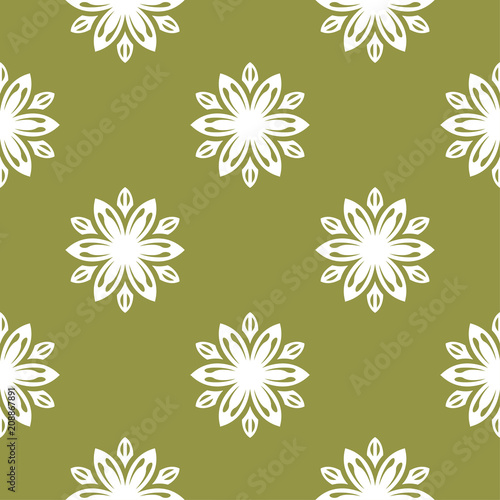 White floral seamless pattern on olive green background