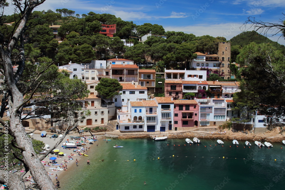 Sa Tuna beach and village landscape seen from the old seaside path, Costa Brava, Mediterranean sea, Catalonia, Spain 