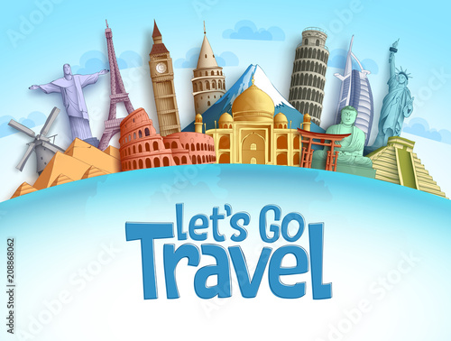 Travel destination vector background and template design with travel destinations and famous landmarks and attractions for tourism. Let's go travel vector illustration.
