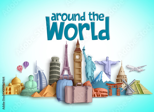 Travel around the world vector banner design with travel destinations and famous tourist landmarks of different countries. Colorful buildings and monuments vector elements.

