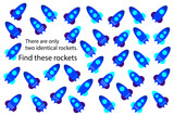Find only two same rockets, fun education puzzle game with transport for children, preschool worksheet activity for kids, task for the development of logical thinking and mind, vector illustration