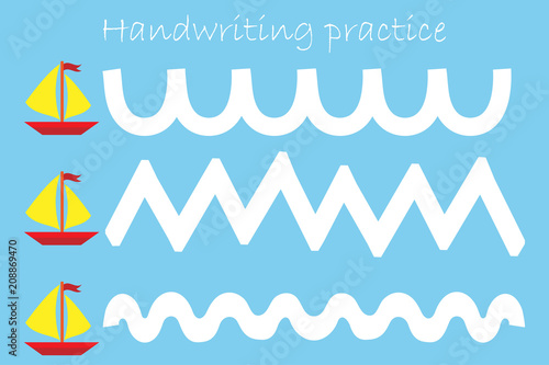 Draw track of ships, handwriting practice sheet, kids preschool activity, educational children game, printable worksheet, writing training, vector illustration
