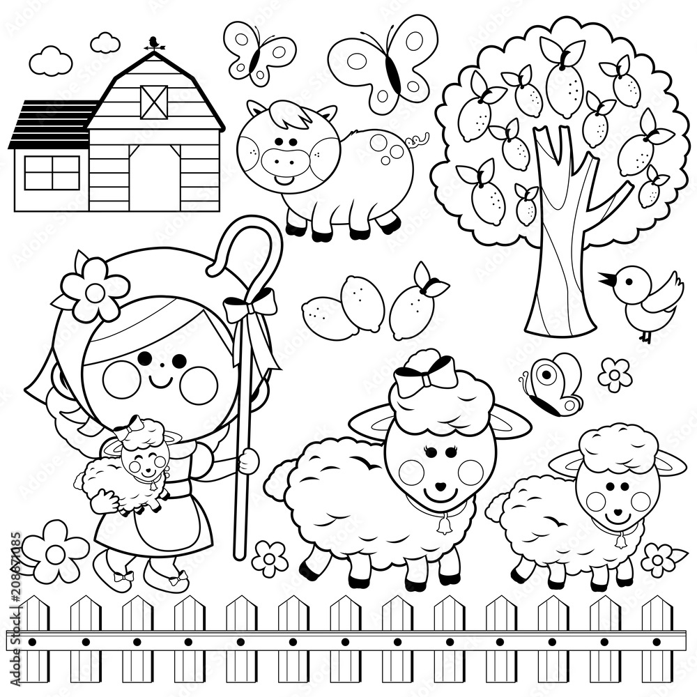 Naklejka premium Shepherdess girl and animals at the farm. Vector black and white coloring page.