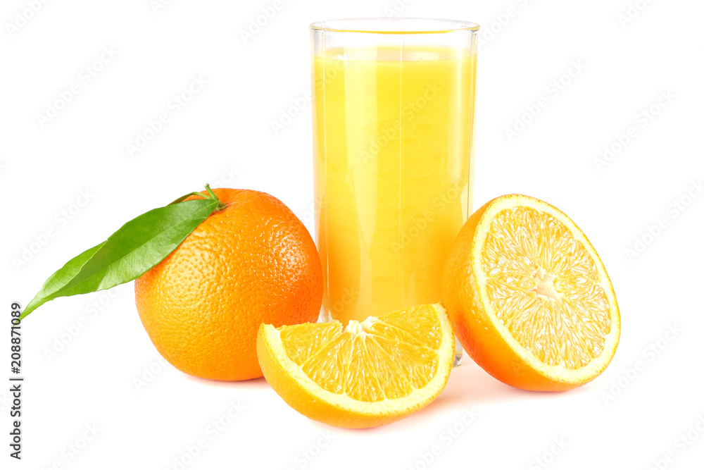 orange juice with orange and green leaf isolated on white background. juice in glass orange juice with orange and green leaf isolated on white background. juice in glass