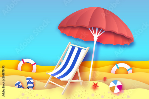 Red parasol - umbrella in paper cut style. Blue Chaise lounge. Origami sea and beach. Sport ball game. Flipflops shoes. Lifesaver. Starfish. Vacation and travel concept.