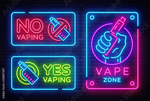 Vaping neon signs collection vector template, light banner, bright night illustration, symbol, places for vape, no vaping, vaping ban, electronic cigarette neon. Vector illustration