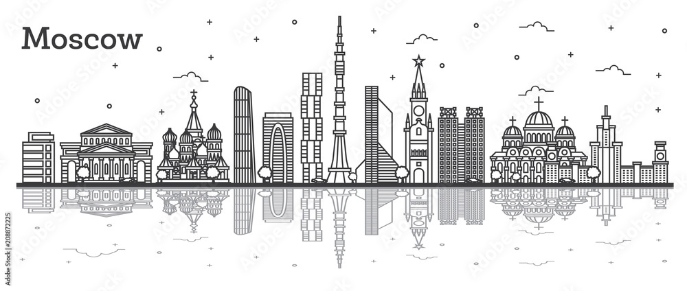 Outline Moscow Russia City Skyline with Historic Buildings and Reflections Isolated on White. Outline Moscow Russia City Skyline with Historic Buildings and Reflections Isolated on White.