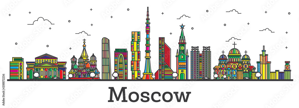 Outline Moscow Russia City Skyline with Color Buildings Isolated on White.
