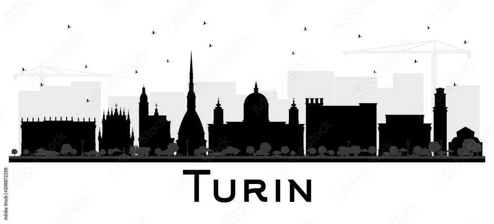 Turin Italy City Skyline Silhouette with Black Buildings Isolated on White.