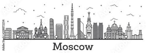 Outline Moscow Russia City Skyline with Modern and Historic Buildings Isolated on White.