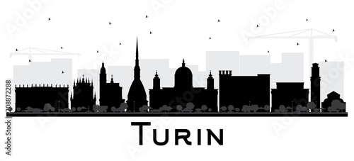 Turin Italy City Skyline Silhouette with Black Buildings Isolated on White.