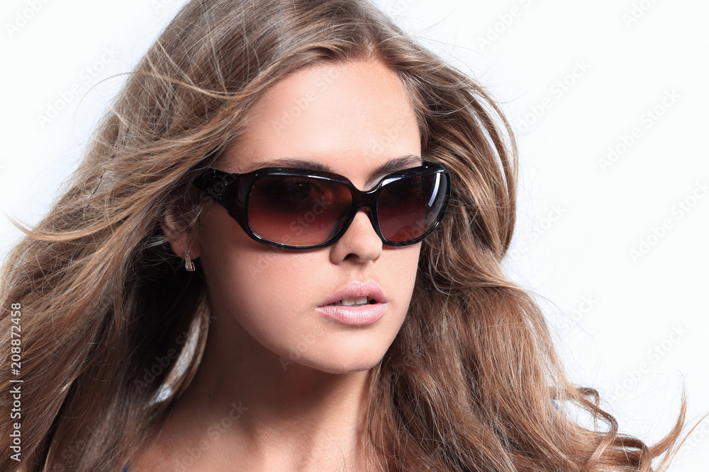 Close up young woman wearing the big modern sunglasses Close up young woman wearing the big modern sunglasses