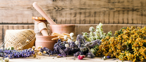 preparation of herbs, homeopathy, dried flowers, banner
