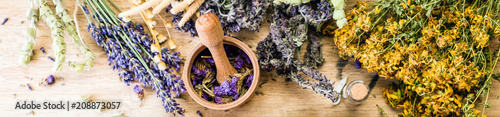 Fotografija preparation of herbs, homeopathy, dried flowers, banner