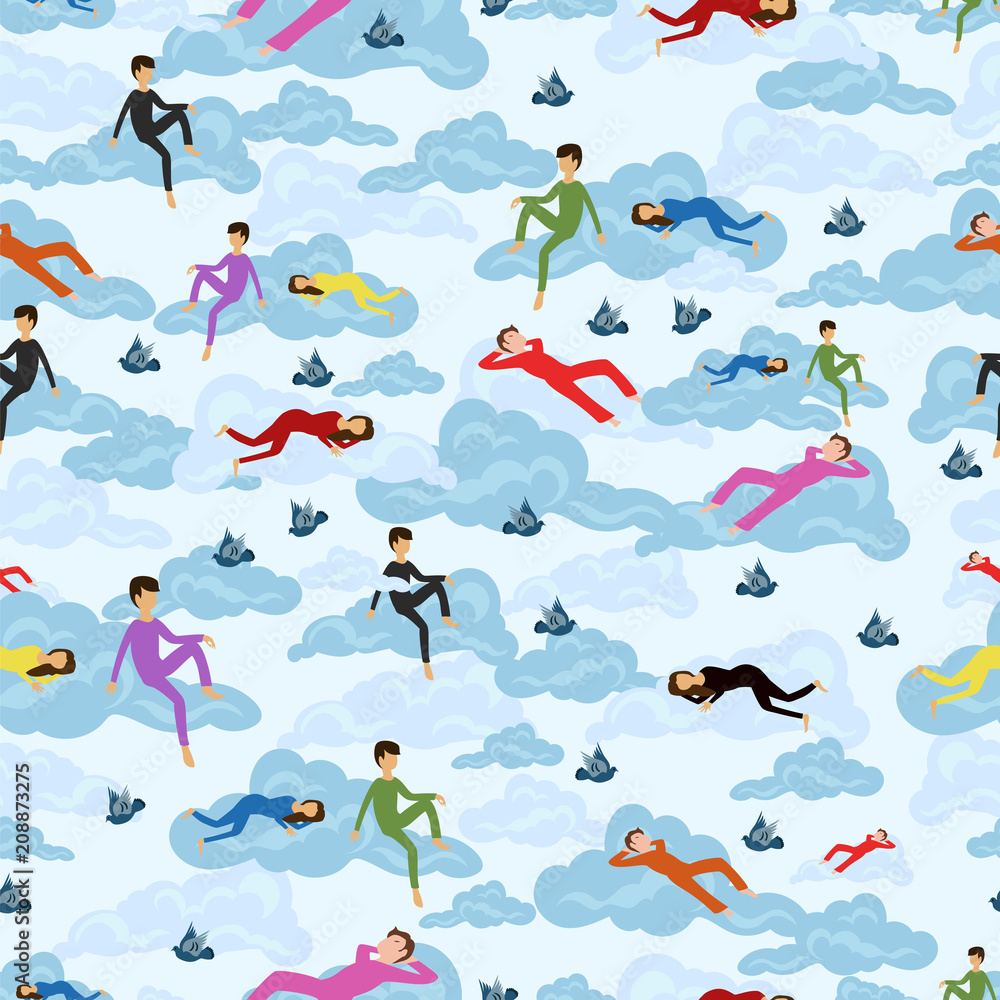 Fototapeta premium people on clouds. seamless pattern