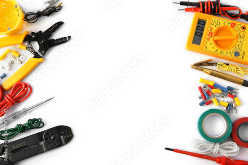 Tableau sur toile Electrician's supplies on white background