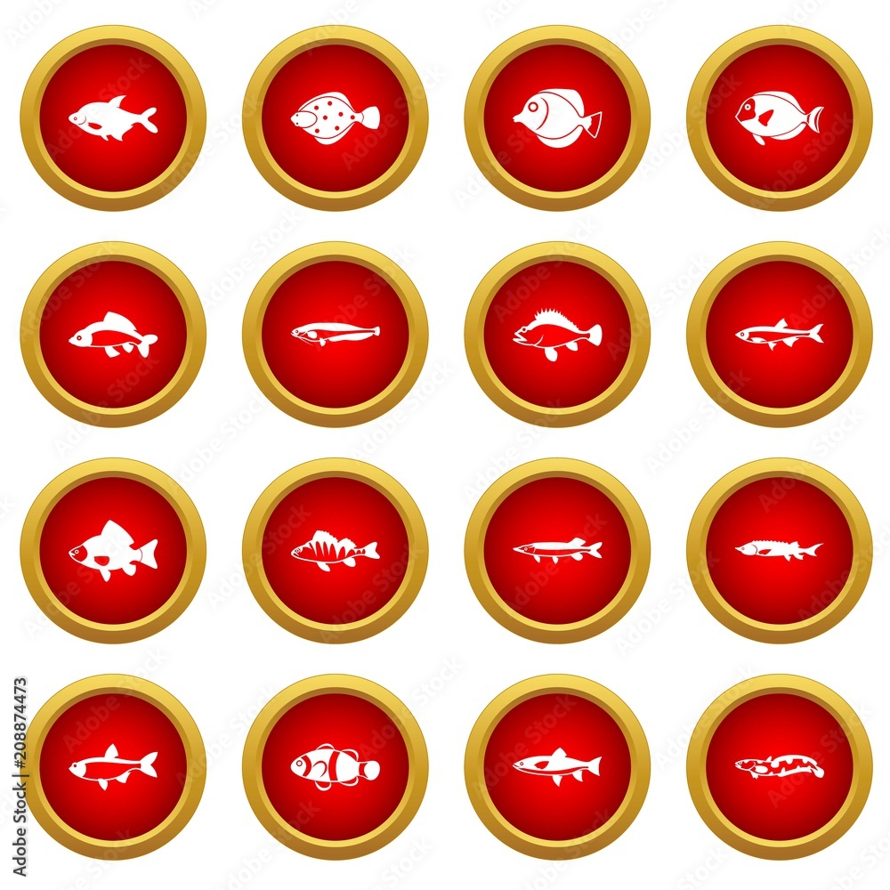 Cute fish icon red circle set isolated on white background Cute fish icon red circle set isolated on white background