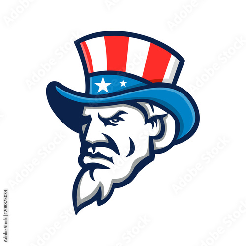 Mascot icon illustration of head of Uncle Sam wearing a top hat with USA  American stars and stripes viewed from side on isolated background in retro style.