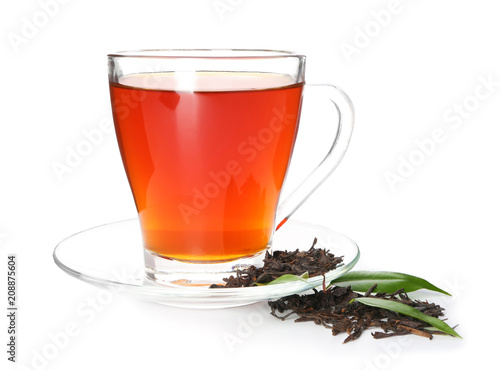 Glass cup with delicious tea on white background
