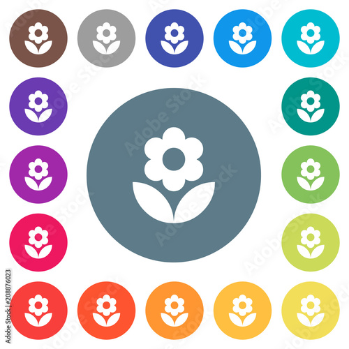Flower flat white icons on round color backgrounds