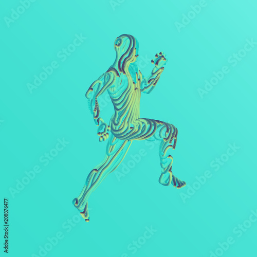 Running man. Emblem for marathon and jogging. 3d model of man. Vector Illustration. Wire connection to virtual reality.