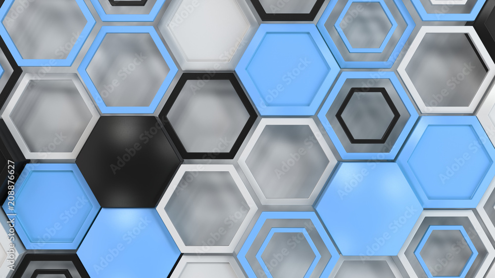 Abstract 3d background made of black, white and blue hexagons on white background Abstract 3d background made of black, white and blue hexagons on white background