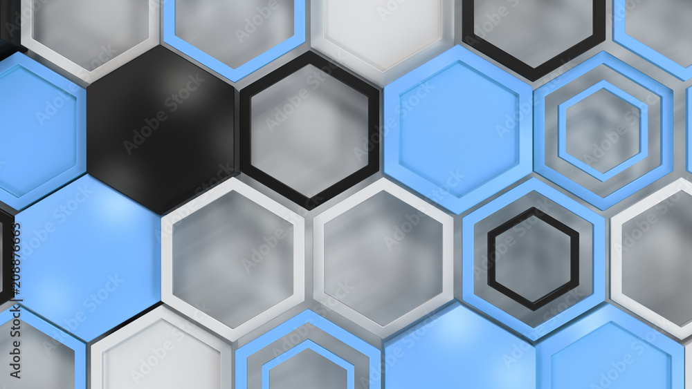 Abstract 3d background made of black, white and blue hexagons on white background Abstract 3d background made of black, white and blue hexagons on white background