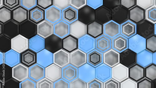 Abstract 3d background made of black  white and blue hexagons on white background