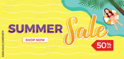 Beach summer sale illustration template with 50 percent off sign,