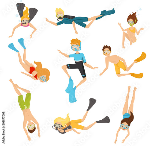 Flat vector set of young divers. People in swimsuits swimming underwater. Active recreation. Scuba diving and snorkeling