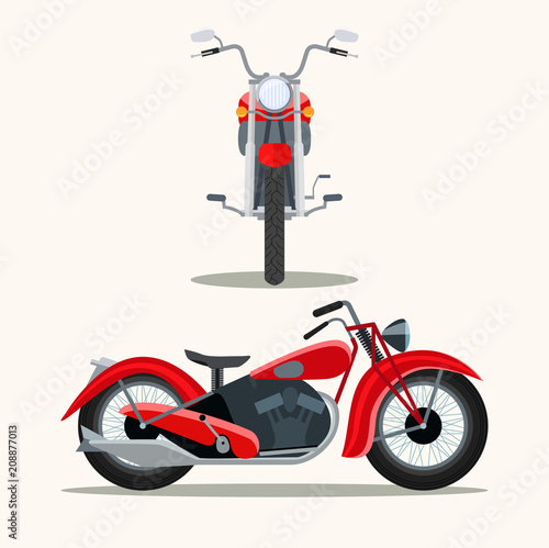 Retro red motorcycle vintage isolated. Front and side view. Vector flat style illustration