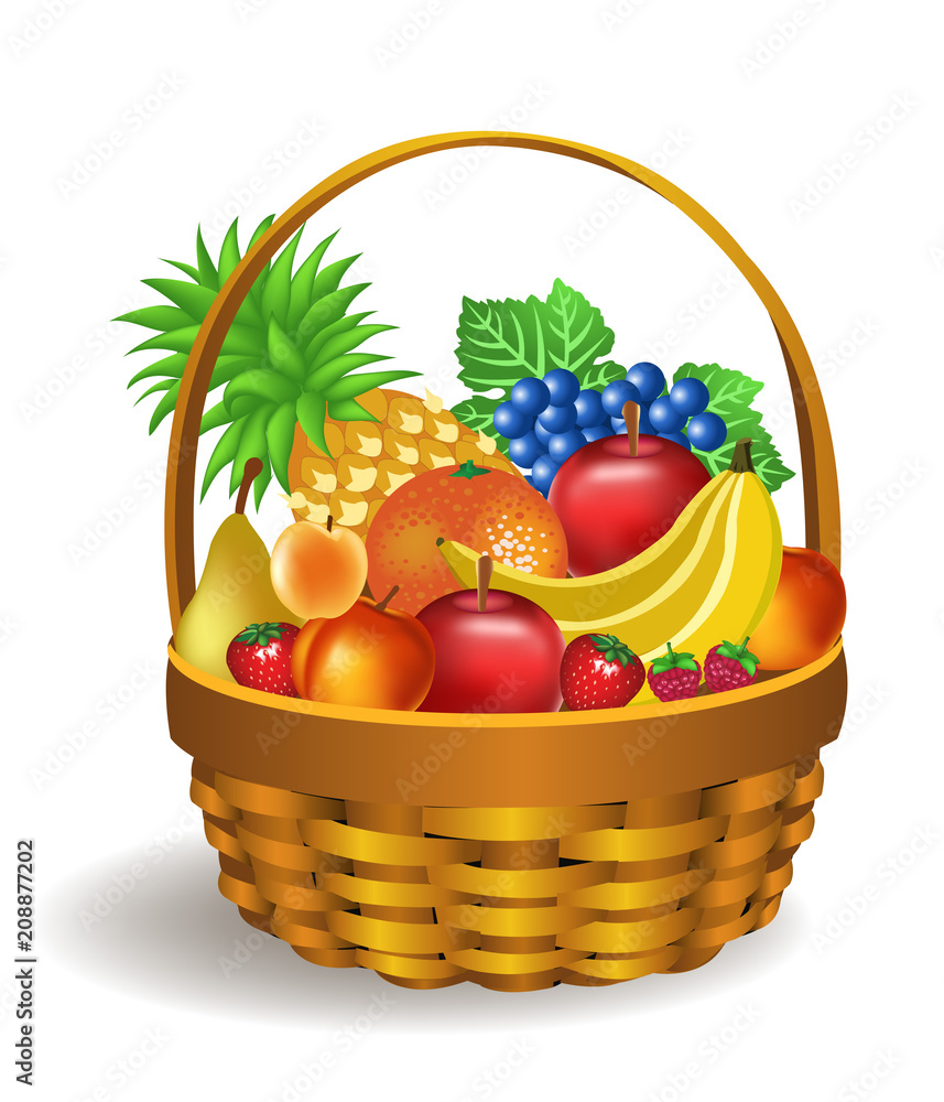 basket full of fruits like bananas, apples, grapes, pineapple, pear, peach  Stock Vector | Adobe Stock