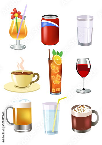 set of vector drinks, like beer, wine, ice tea, hot chocolate, coffee