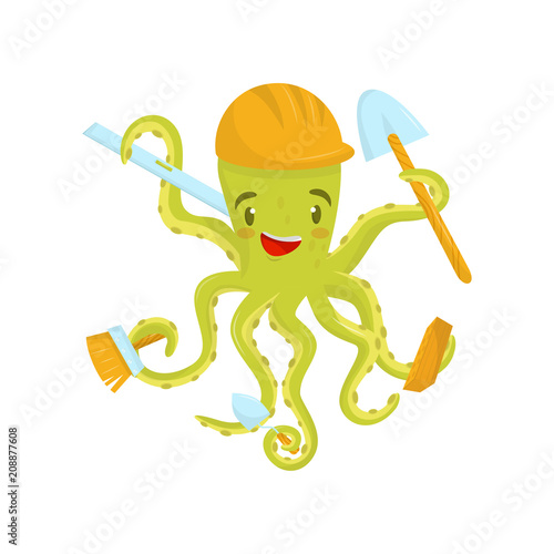 Happy green octopus with working tools in tentacles and protective helmet on head. Flat vector design for career day poster