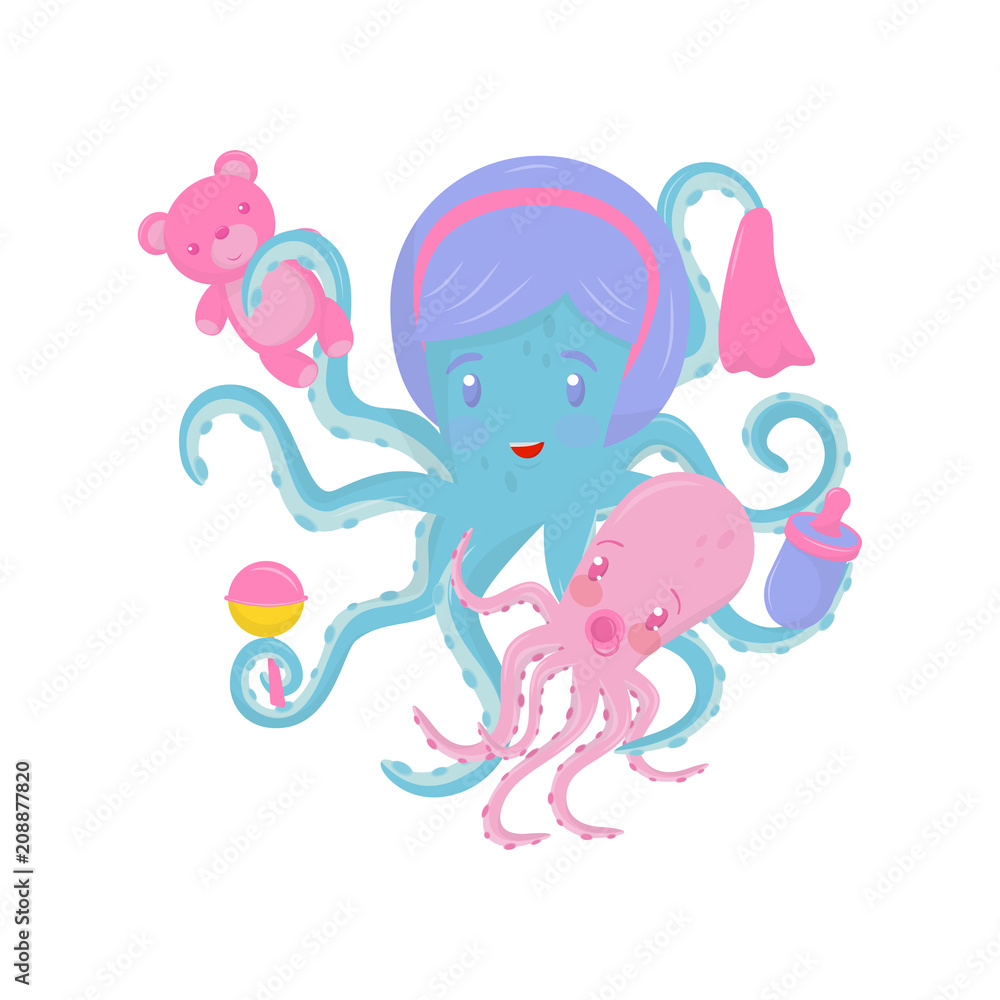 Mom octopus with her little baby. Marine animal holding small bottle, handkerchief and toys in tentacles. Flat vector for poster or banner Mom octopus with her little baby. Marine animal holding small bottle, handkerchief and toys in tentacles. Flat vector for poster or banner